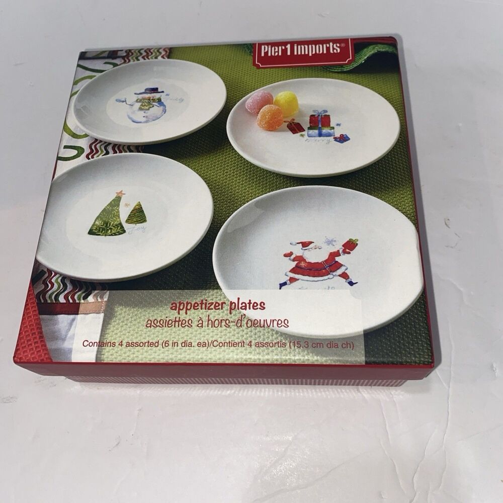 Pier 1 Imports Holiday Appetizer Plates Set Four EUC Christmas Santa Snowman